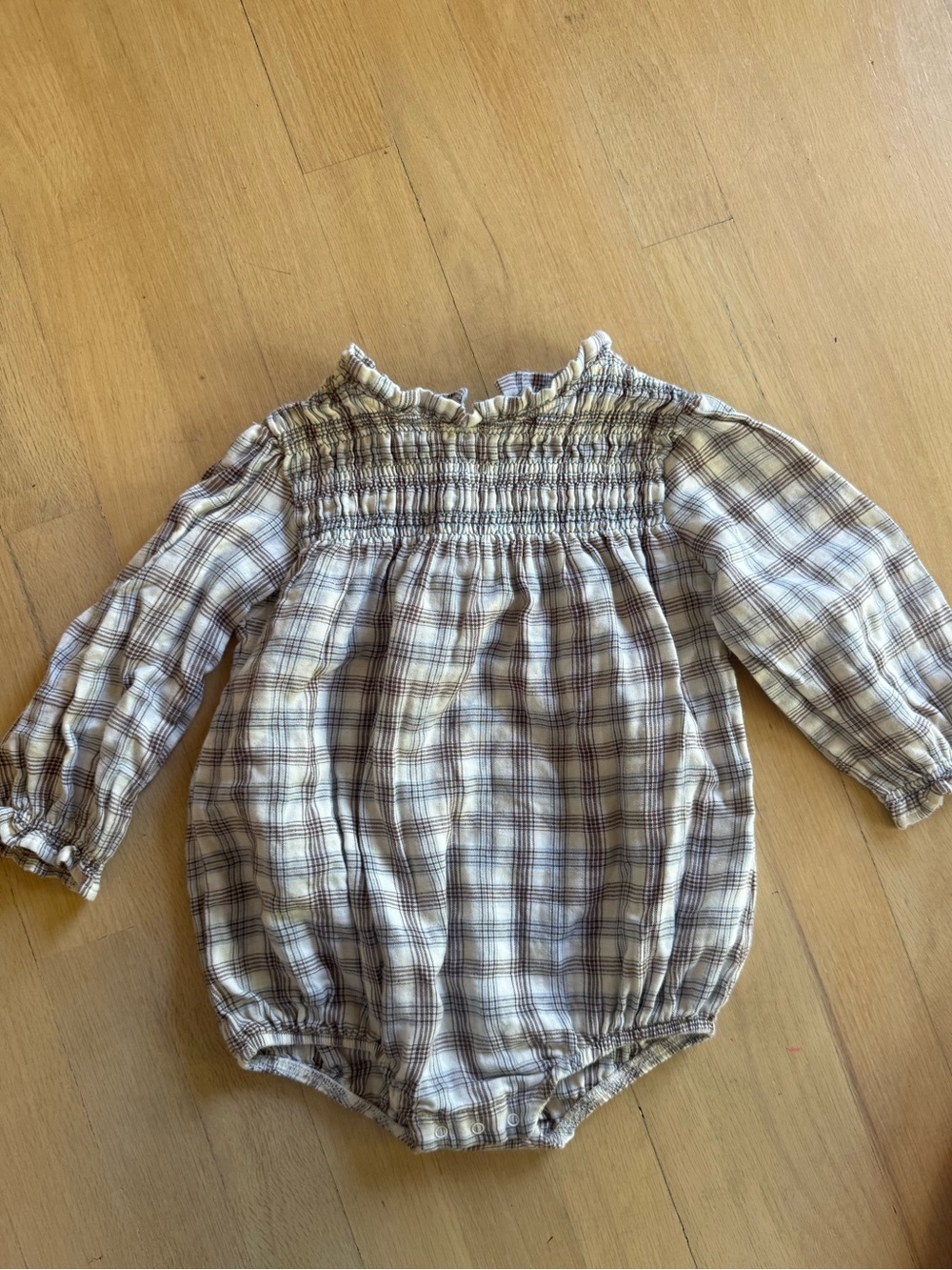 Plaid Long-Sleeve Baby One-Piece Romper in Cream and Brown